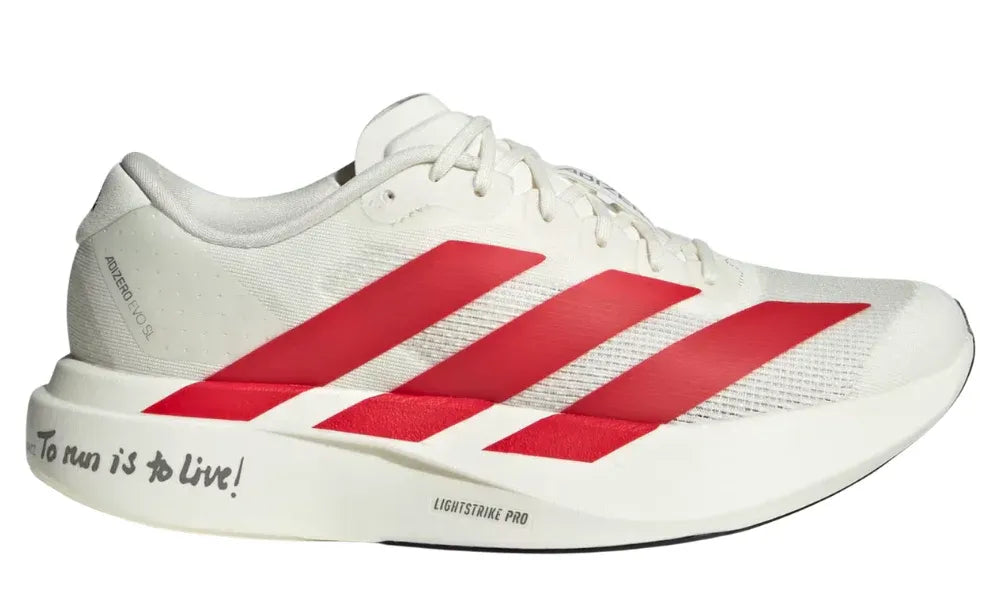 White running shoe with red stripes on a white background