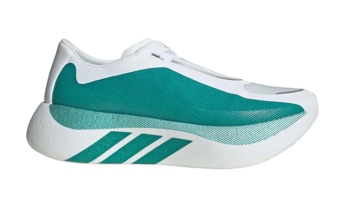 Adidas Adizero Cloud White Pure Teal unisex sneakers – side profile with broad teal panel and teal sole stripes
