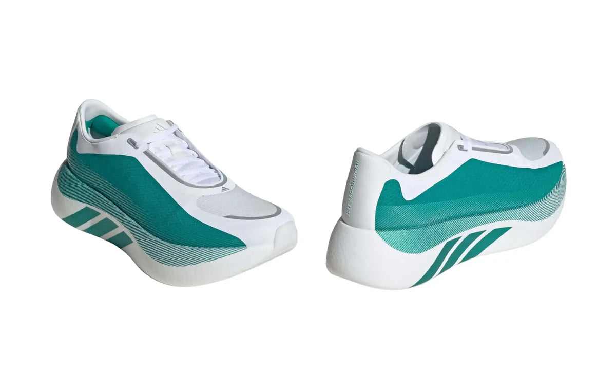 Adidas Adizero Cloud White Pure Teal unisex sneakers – angled front and rear views of pair