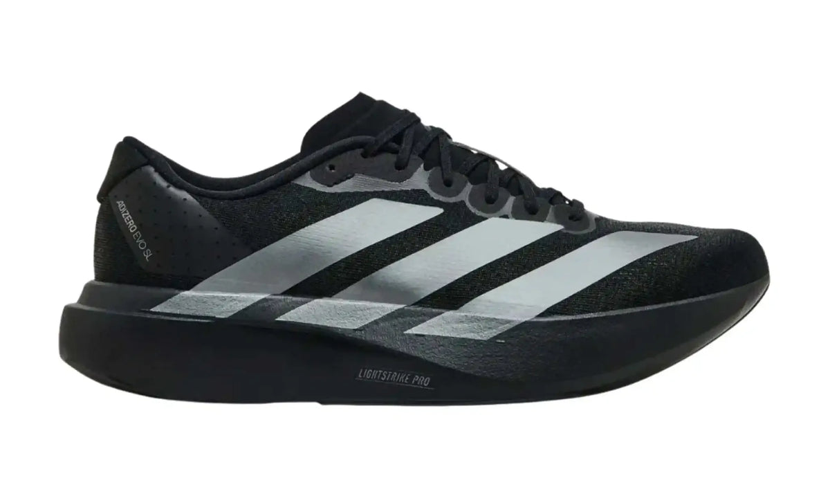 Adidas Adizero EVO SL Core Black Iron Metallic Grey Four – outer side profile with metallic silver-grey stripes