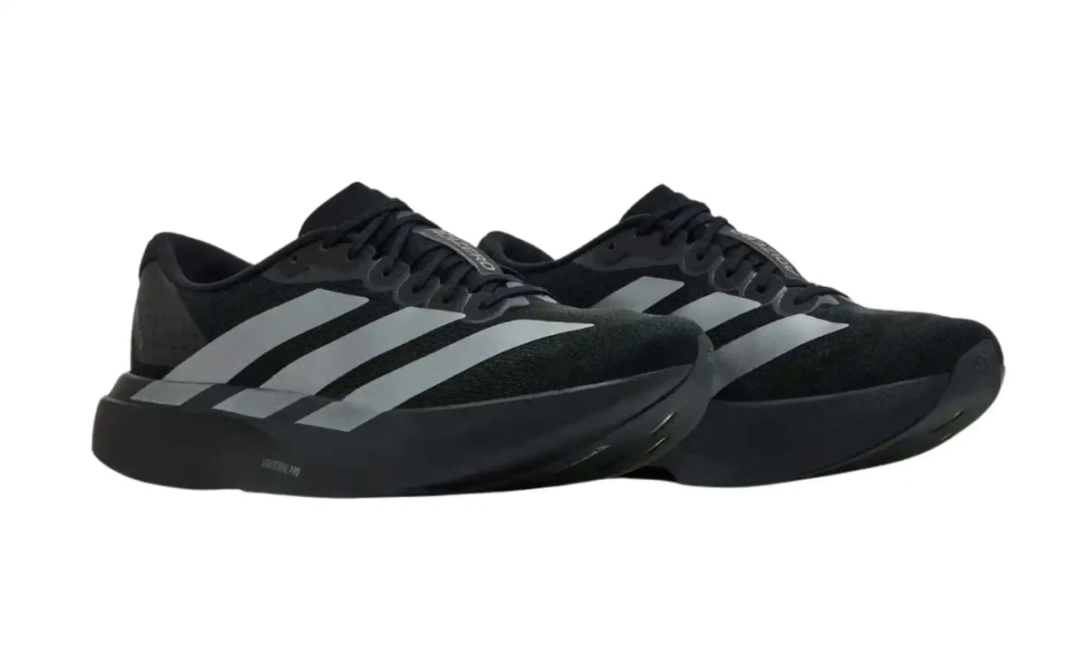 Adidas Adizero EVO SL Core Black Iron Metallic Grey Four – angled view of pair