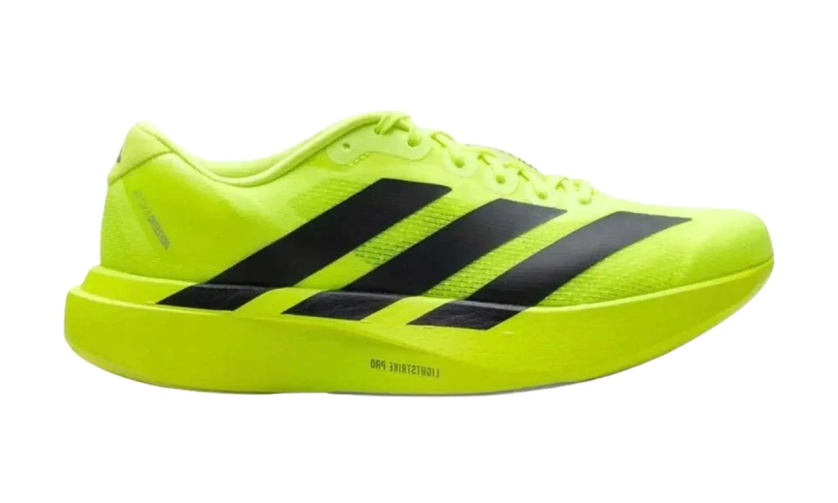 Adidas Adizero EVO SL Lucid Lemon Core Black Matte Silver men's sneakers – side profile with black Three Stripes