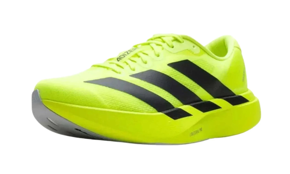 Adidas Adizero EVO SL Lucid Lemon Core Black Matte Silver men's sneakers – front three-quarter view