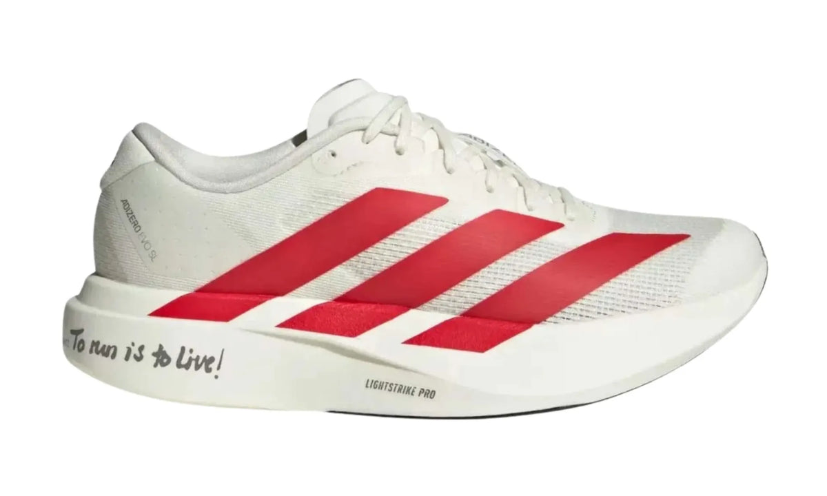 Adidas Adizero EVO SL To Run Is To Live Off White Better Scarlet men's sneakers – outer side profile with heel slogan