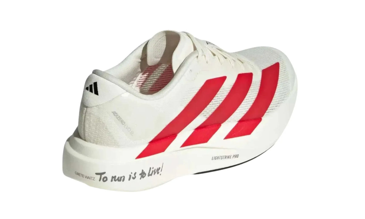 Adidas Adizero EVO SL To Run Is To Live Off White Better Scarlet men's sneakers – rear three-quarter view with heel slogan