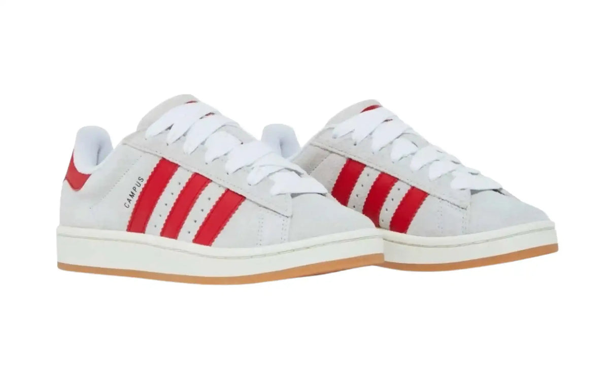 Adidas Campus 00s white red unisex sneakers with red stripes and gum sole, front angled pair view