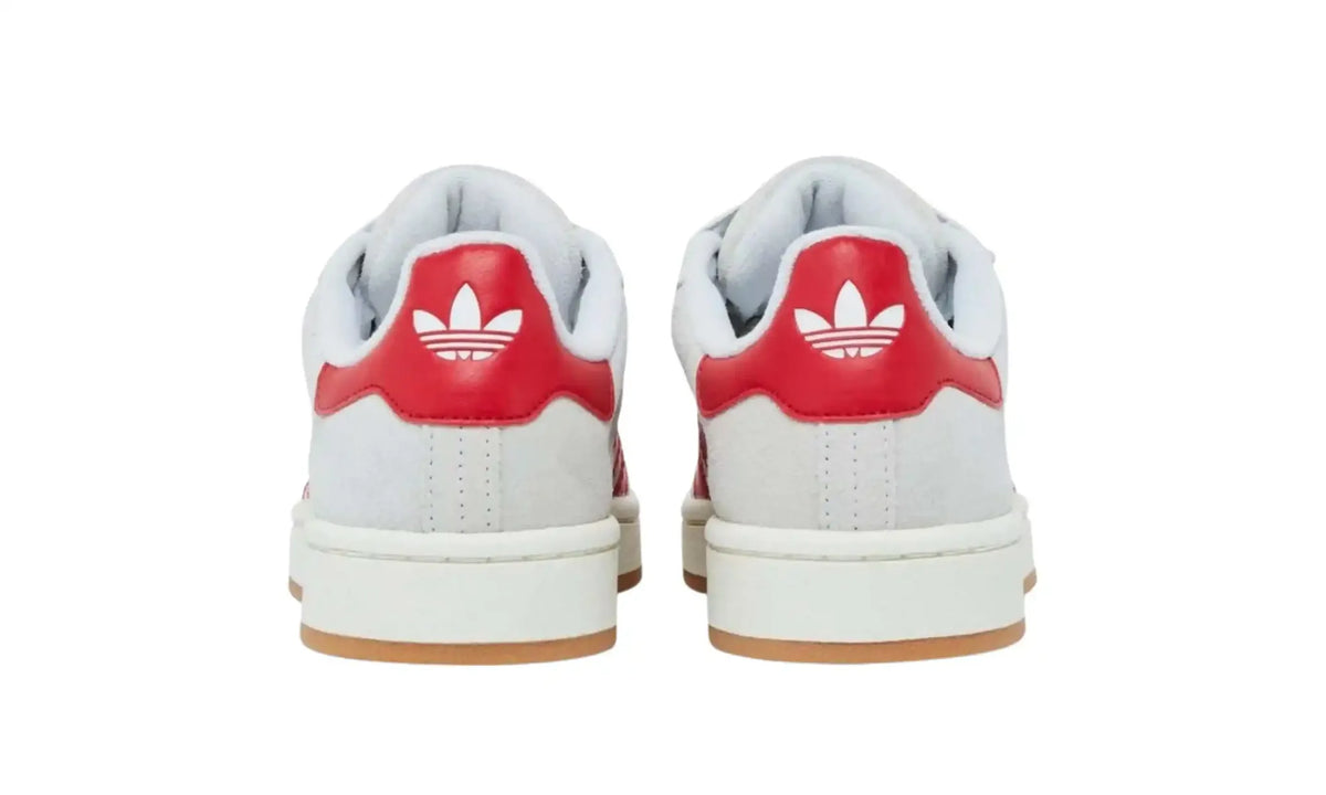 Adidas Campus 00s white red unisex sneakers with red stripes and gum sole, heel view