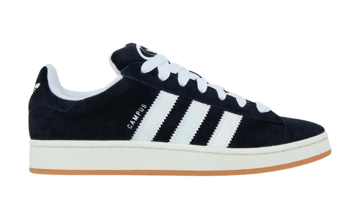 Adidas Campus 00s black white unisex sneakers with white stripes and gum sole, outer side view