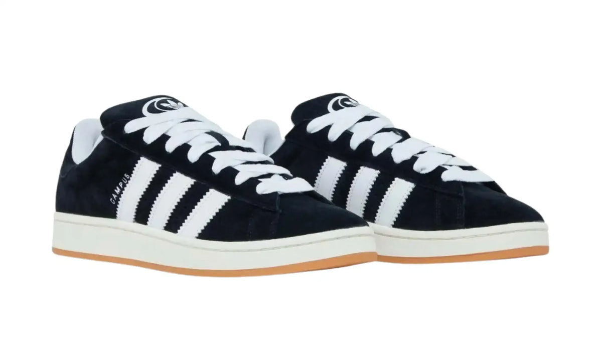 Adidas Campus 00s black white unisex sneakers with white stripes and gum sole, front angled pair view
