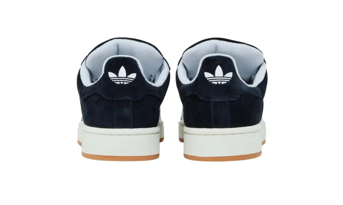 Adidas Campus 00s black white unisex sneakers with white stripes and gum sole, heel view