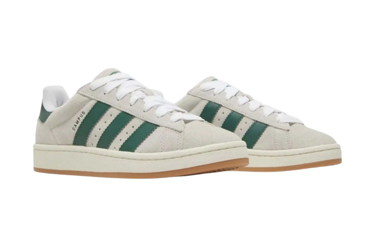 Adidas Campus 00s cream green unisex sneakers with green stripes and gum sole, front angled pair view