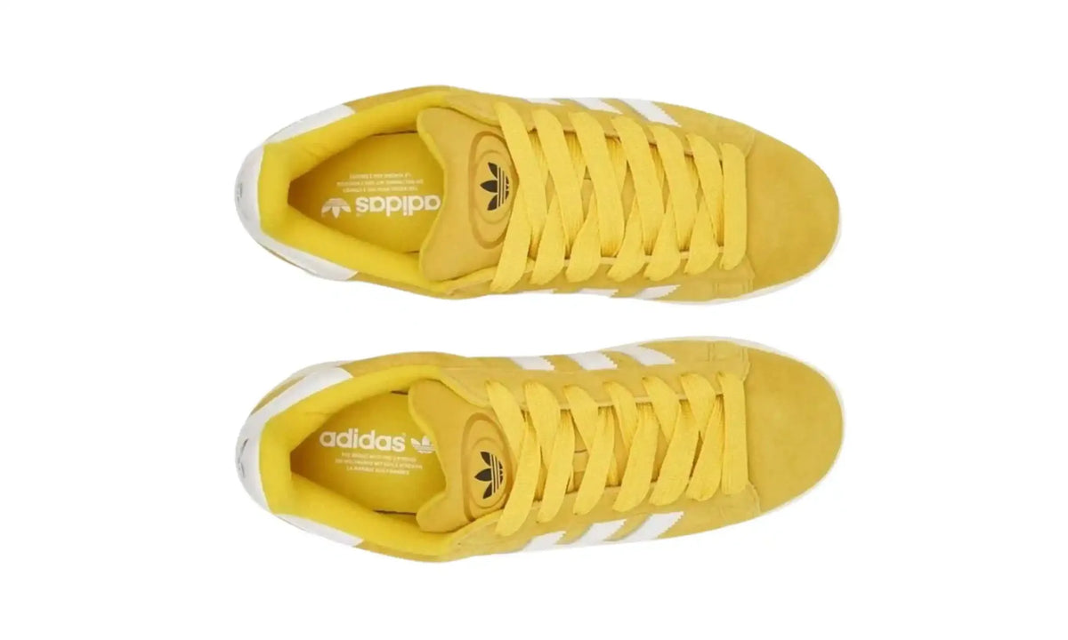 Adidas Campus 00s yellow white unisex sneakers with white stripes and gum sole, top view
