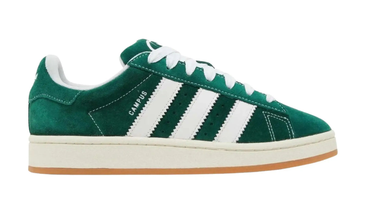 Adidas Campus green white unisex sneakers with white stripes and gum sole, outer side view