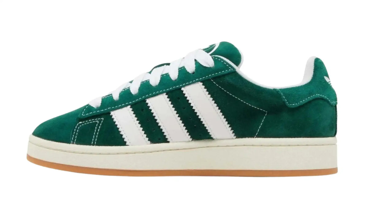 Adidas Campus green white unisex sneakers with white stripes and gum sole, inner side view