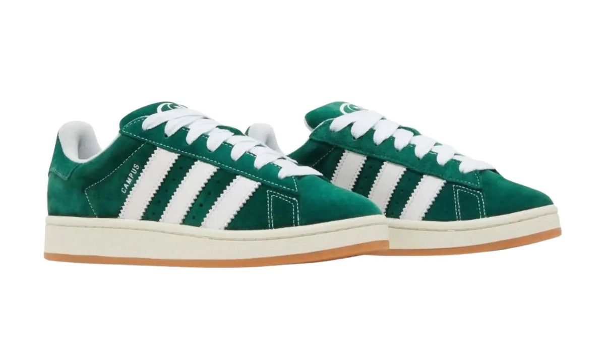 Adidas Campus green white unisex sneakers with white stripes and gum sole, front angled pair view