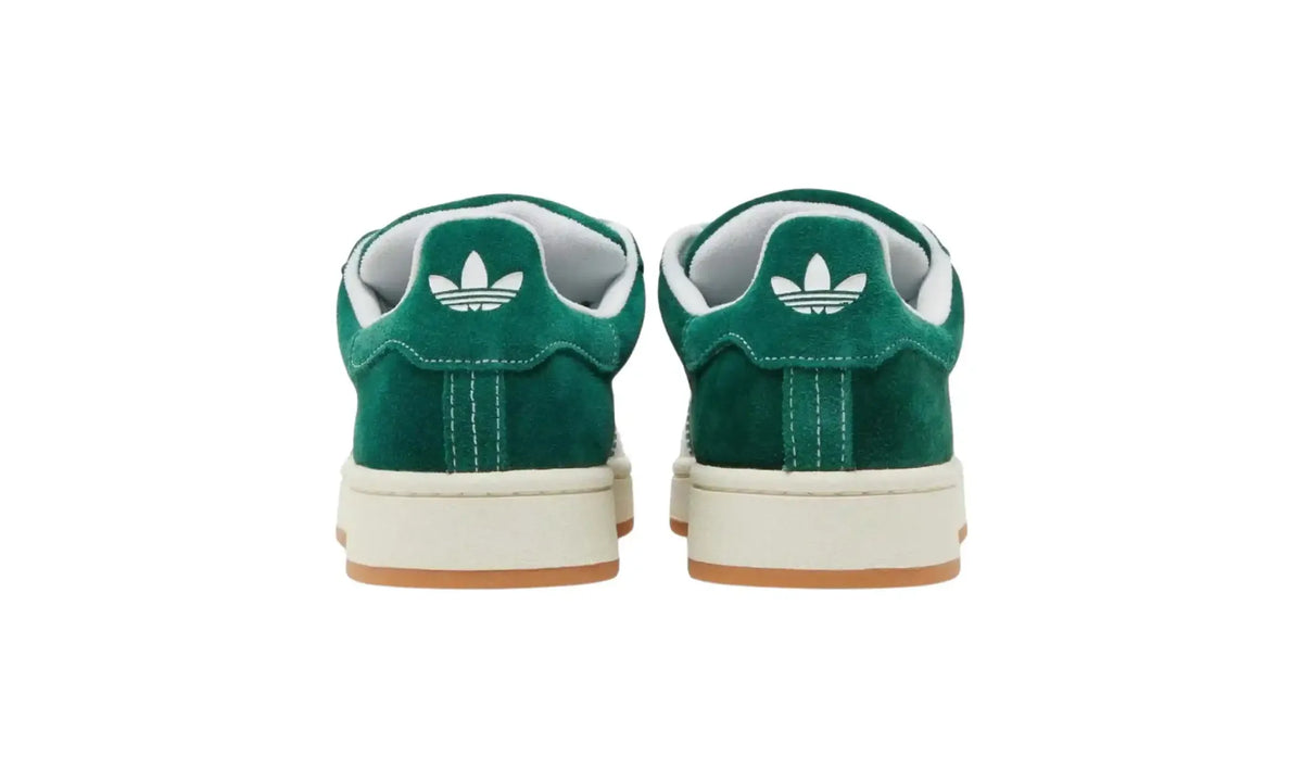 Adidas Campus green white unisex sneakers with white stripes and gum sole, heel view