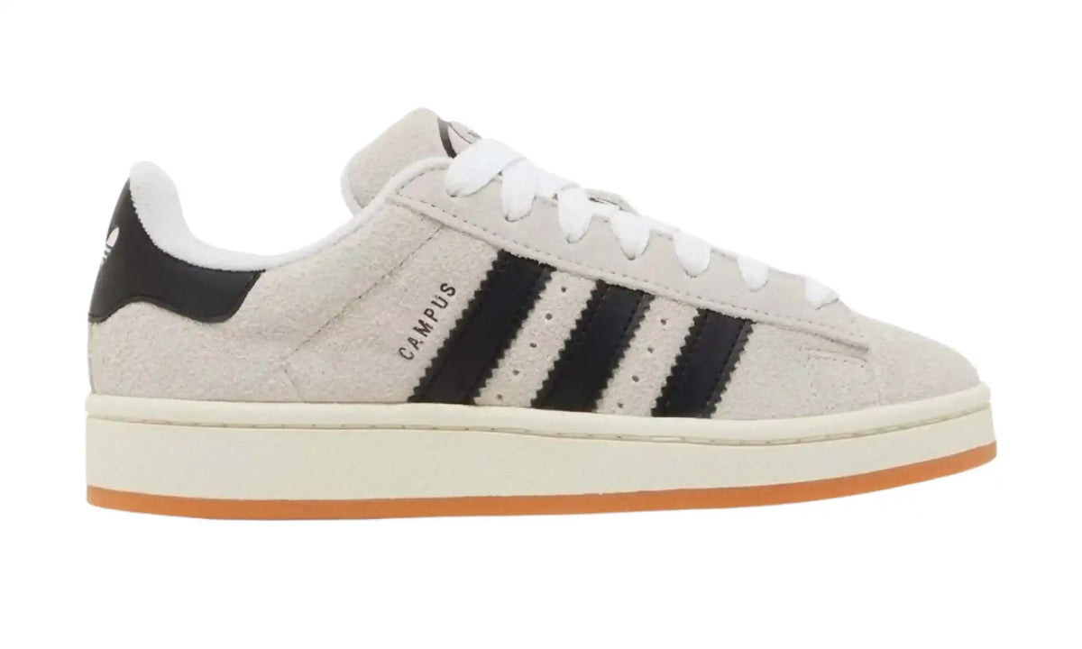 Adidas Campus cream black unisex sneakers with black stripes and gum sole, outer side view