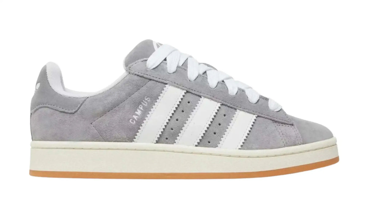 Adidas Campus grey white unisex sneakers with white stripes and gum sole, outer side view