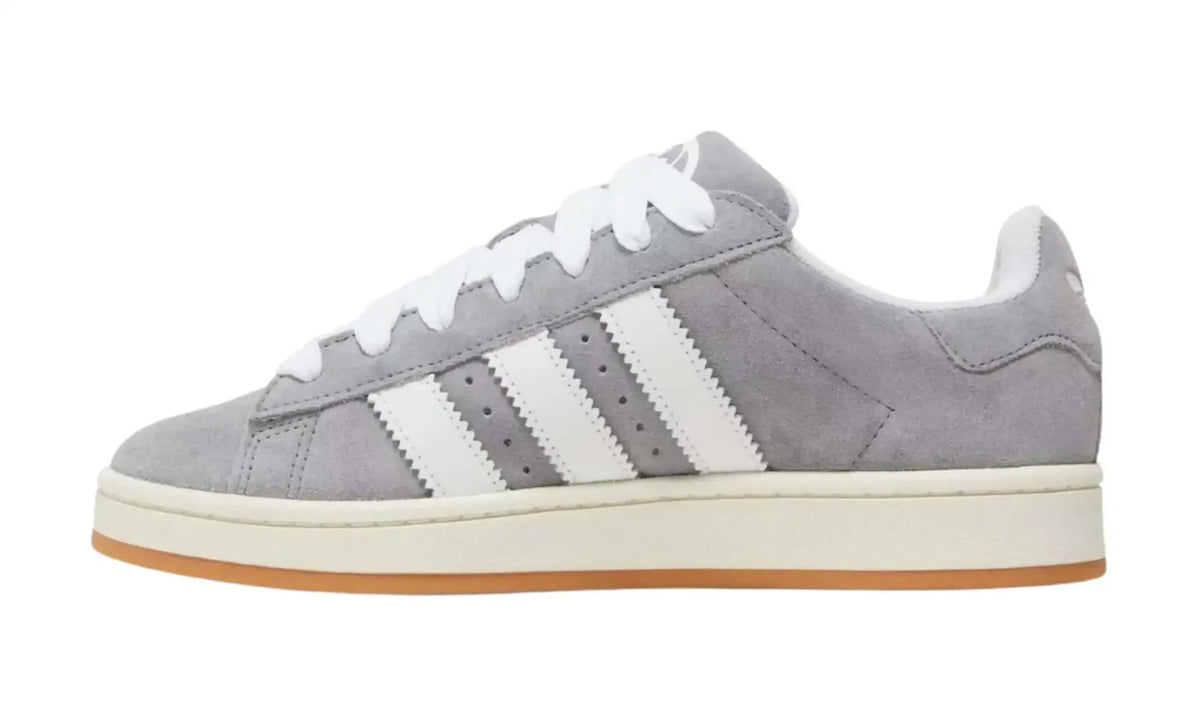 Adidas Campus grey white unisex sneakers with white stripes and gum sole, inner side view