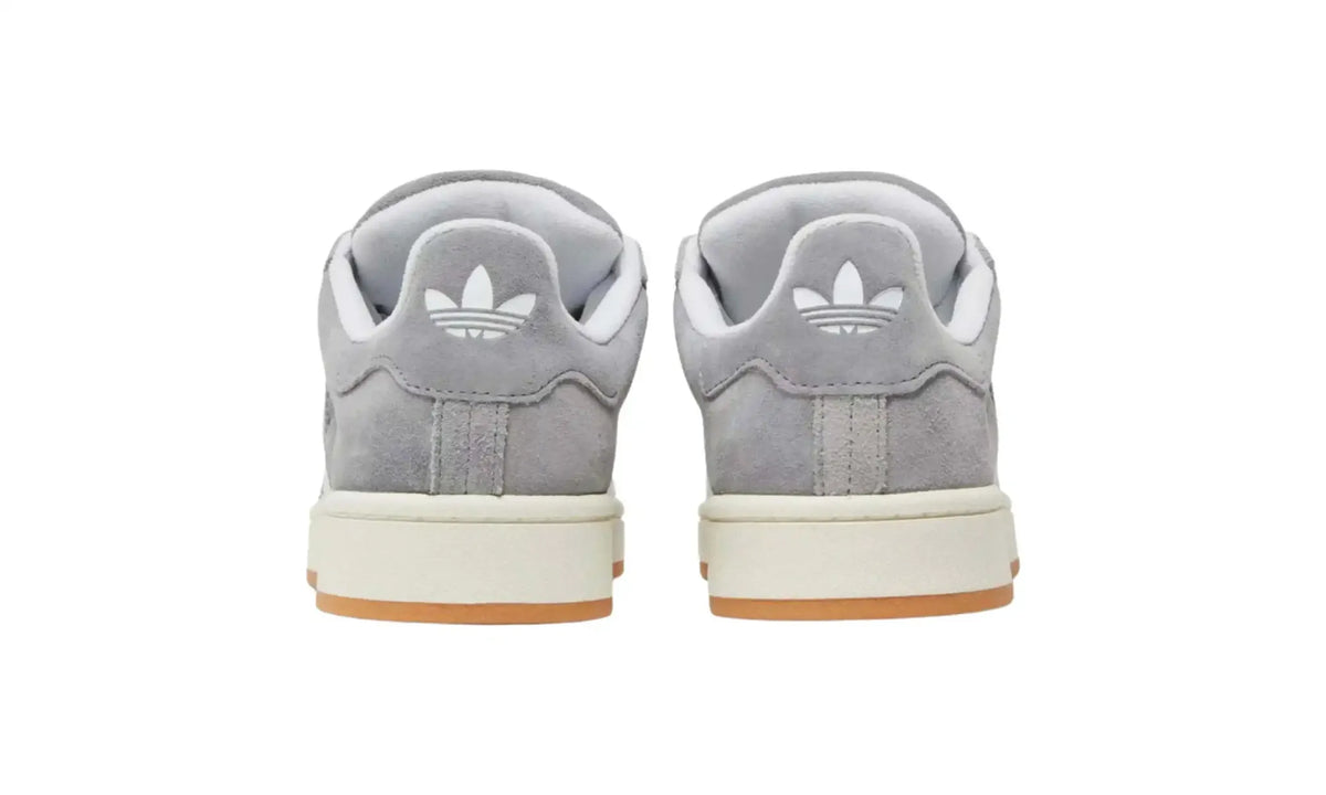 Adidas Campus grey white unisex sneakers with white stripes and gum sole, heel view
