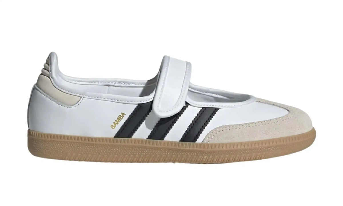 Adidas Samba Jane Cloud White Alumina Core Black women's sneakers – outer side view with white instep strap, black stripes and gum sole