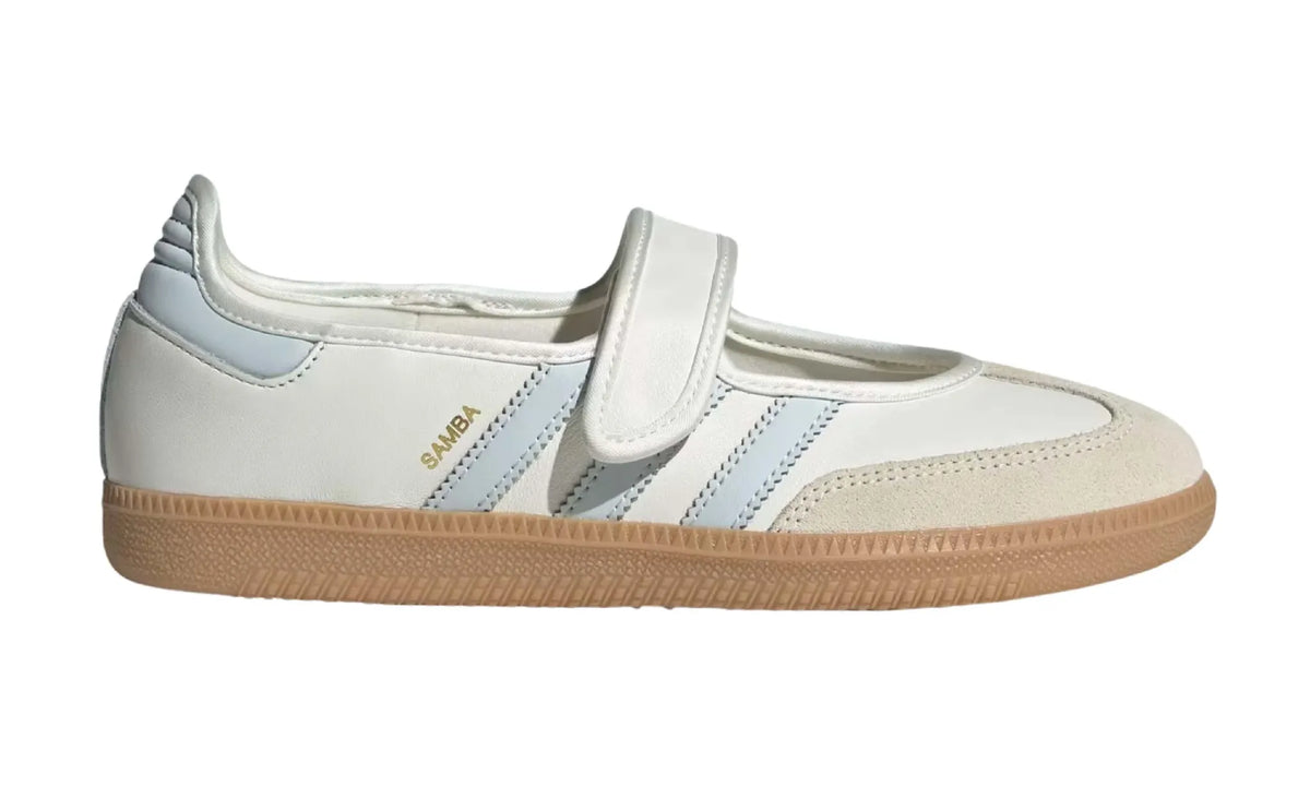 Adidas Samba Jane Cloud White Gum Halo Blue women's sneakers — outer side view with pale blue stripes and white strap