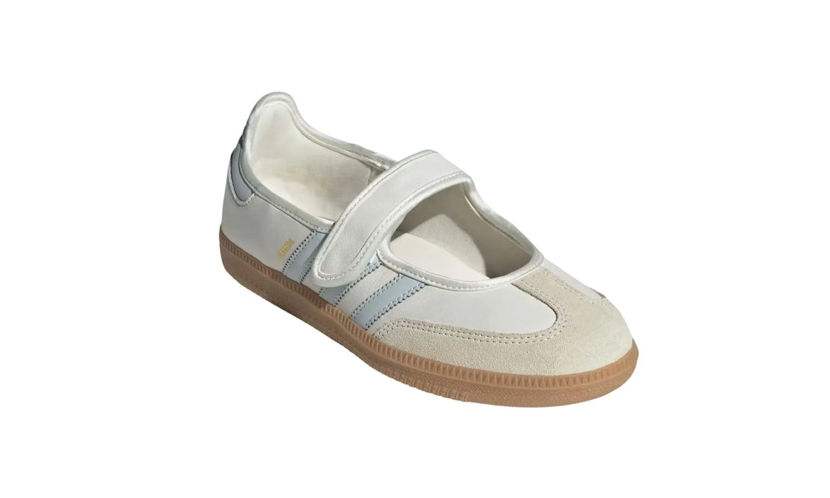 Adidas Samba Jane Cloud White Gum Halo Blue women's sneakers — front three-quarter view with beige toe overlay