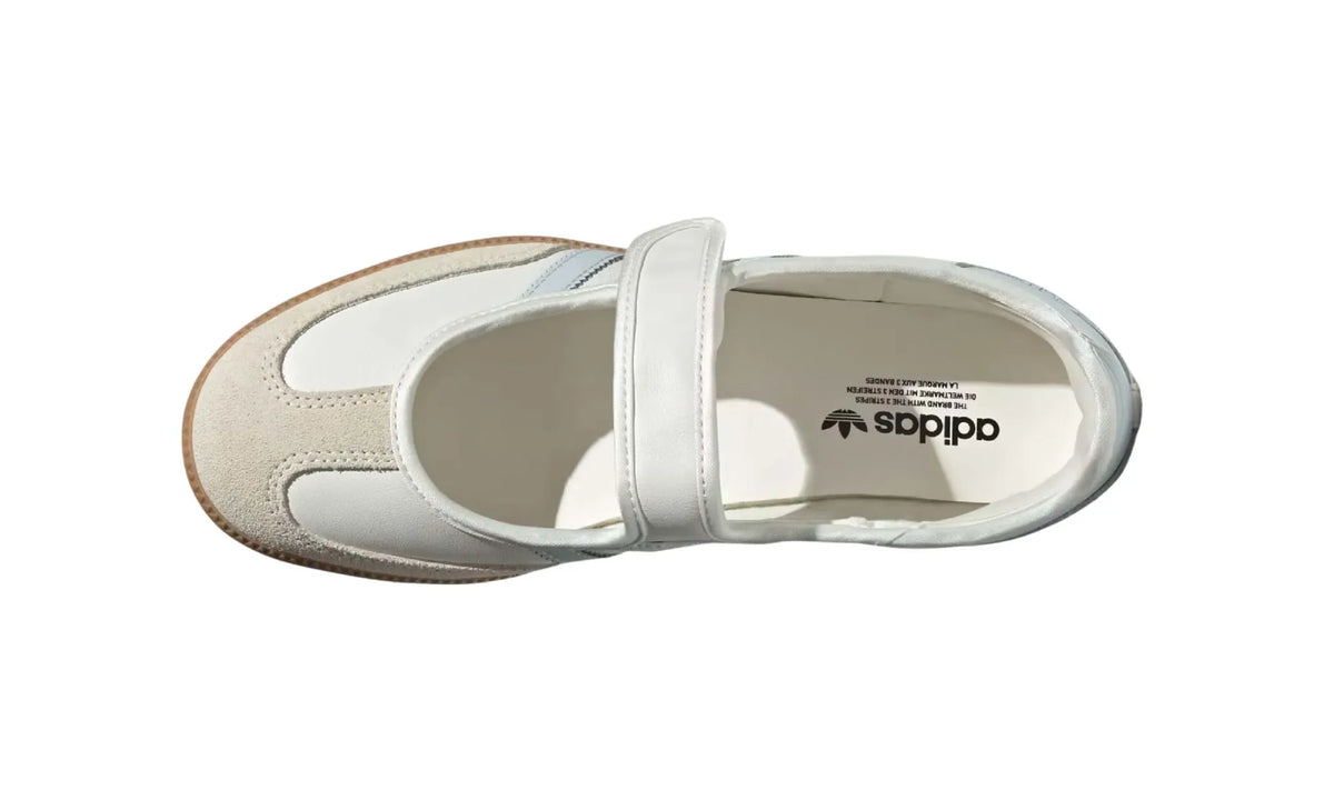 Adidas Samba Jane Cloud White Gum Halo Blue women's sneakers — top view showing instep strap and open vamp