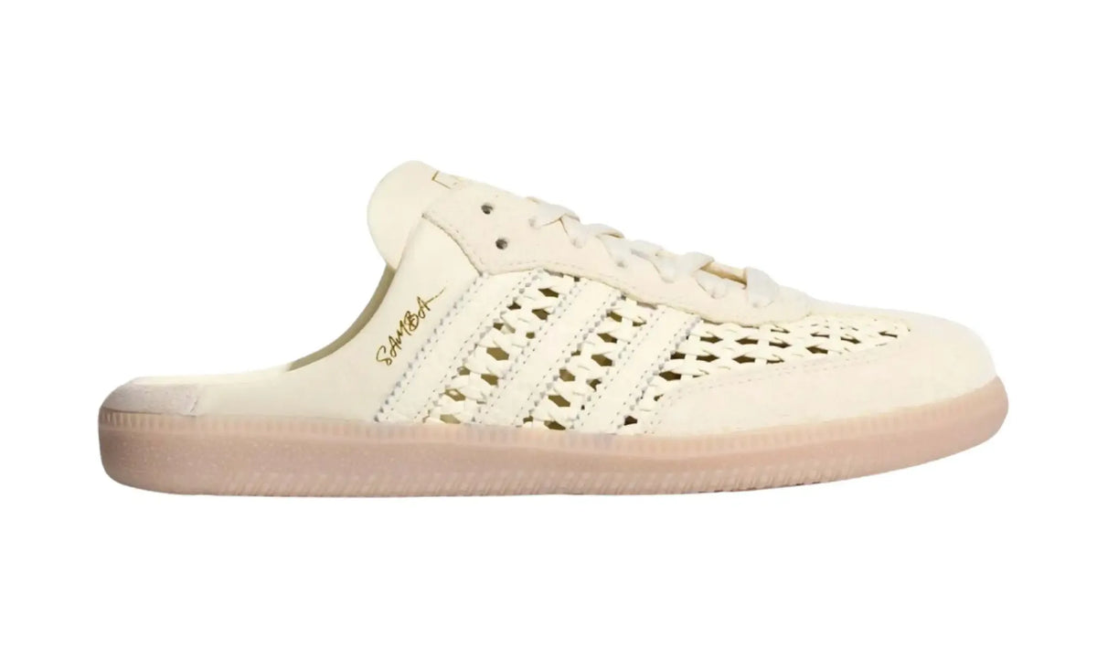 Adidas Samba Mule Crew White unisex shoe, side view showing cream woven panels, tonal stripes and light gum-coloured sole