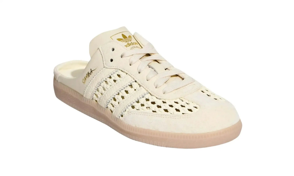 Adidas Samba Mule Crew White with cream woven panels, tonal stripes and laces, gold branding, an open heel and a light gum-coloured sole