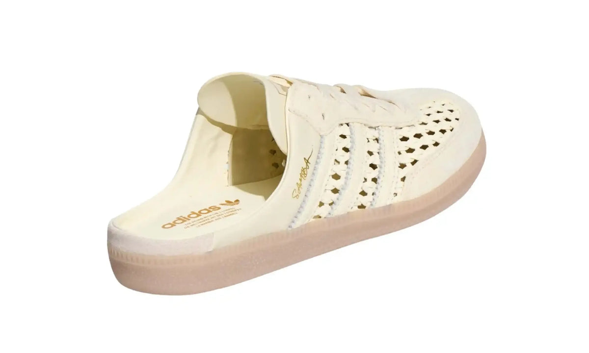 Adidas Samba Mule Crew White unisex shoe, rear angled view showing open heel and gold footbed branding