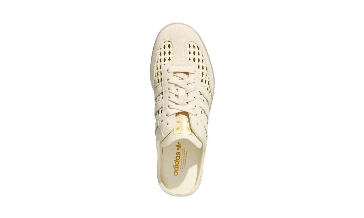 Adidas Samba Mule Crew White unisex shoe, top view showing laces and woven panels