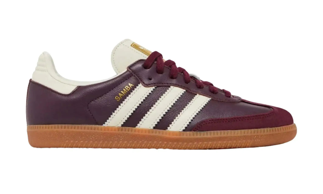 Adidas Samba OG burgundy cream unisex sneakers with cream stripes and gum sole, outer side view