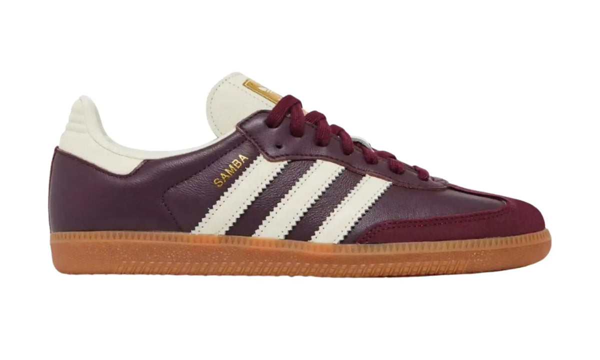 Adidas Samba OG burgundy cream unisex sneakers with cream stripes and gum sole, outer side view