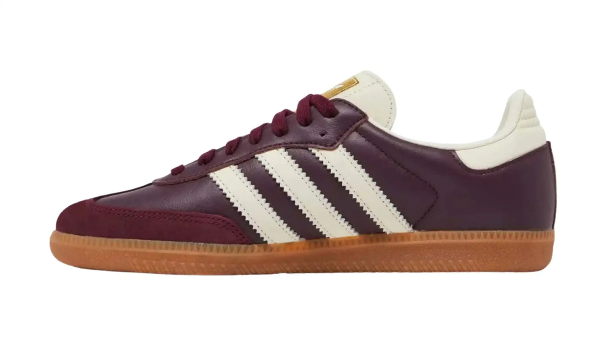 Adidas Samba OG burgundy cream unisex sneakers with cream stripes and gum sole, inner side view
