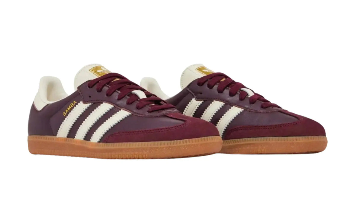 Adidas Samba OG burgundy cream unisex sneakers with cream stripes and gum sole, front angled pair view