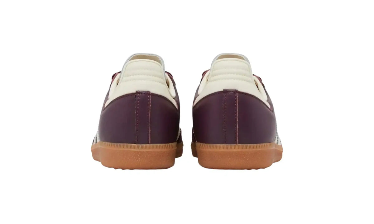 Adidas Samba OG burgundy cream unisex sneakers with cream stripes and gum sole, heel view