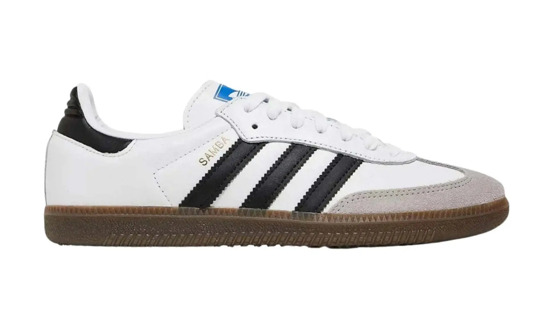 Adidas Samba OG white black unisex sneakers with black stripes and dark gum sole, outer side view