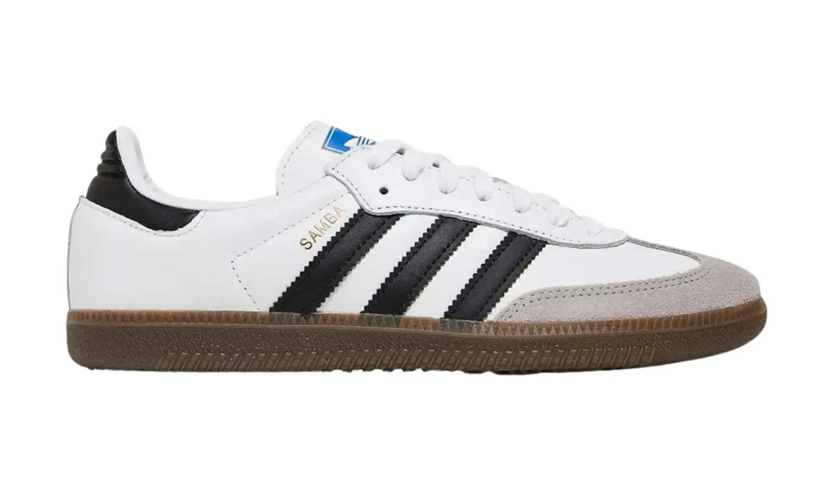 Adidas Samba OG white black unisex sneakers with black stripes and dark gum sole, outer side view