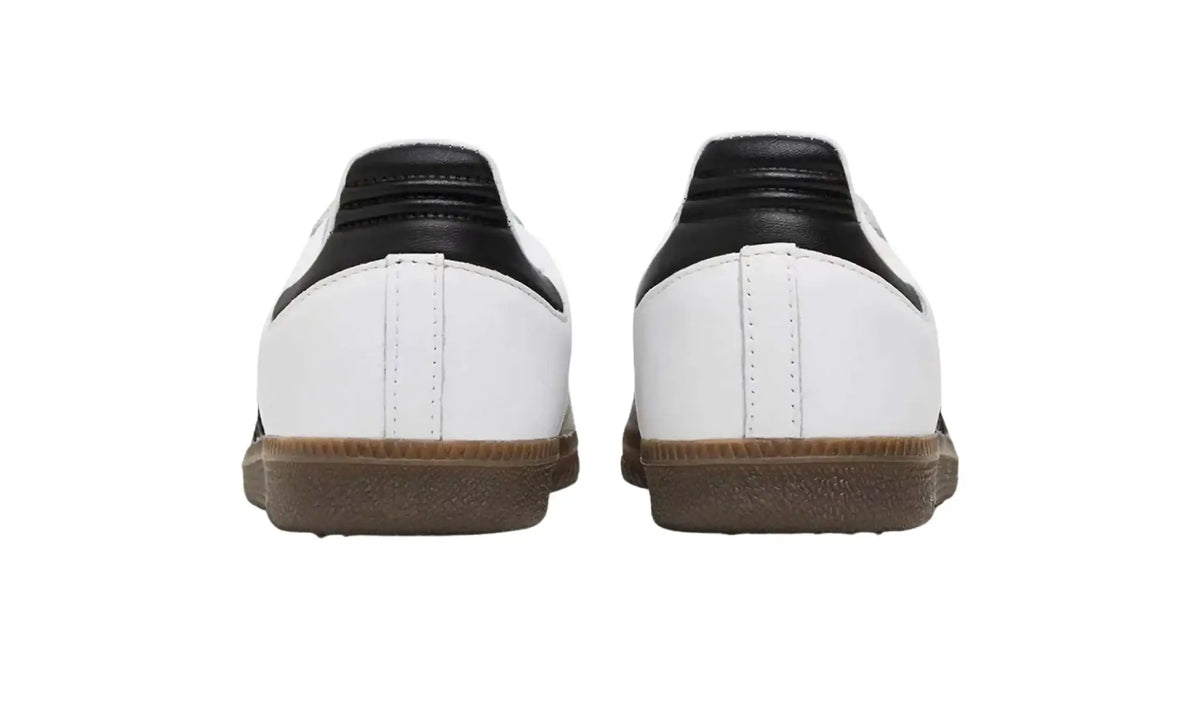 Adidas Samba OG white black unisex sneakers with black stripes and dark gum sole, heel view