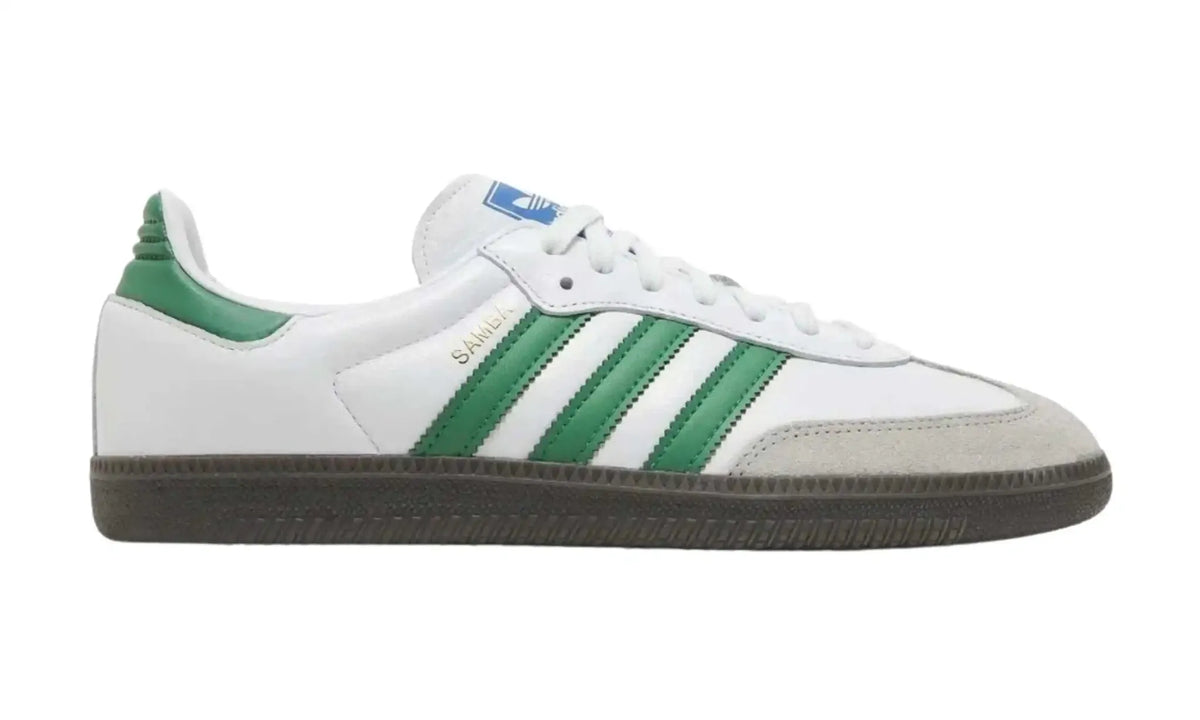 Adidas Samba OG white green unisex sneakers with green stripes and dark gum sole, outer side view
