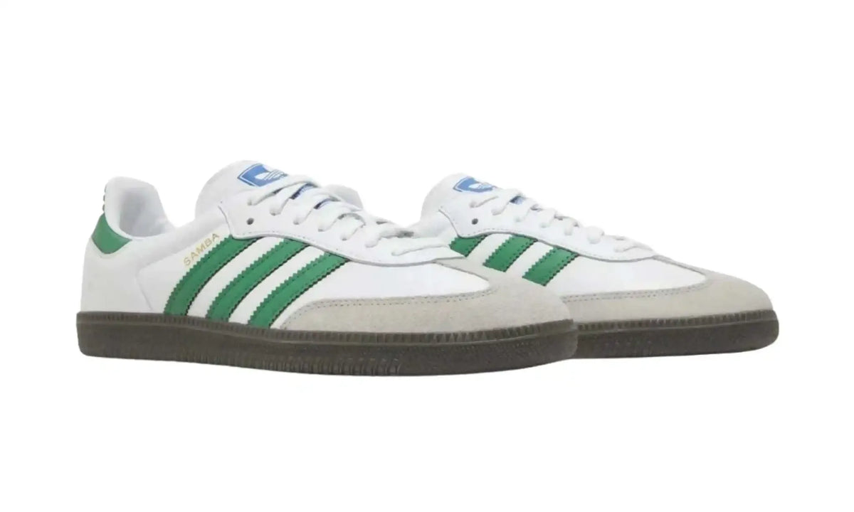 Adidas Samba OG white green unisex sneakers with green stripes and dark gum sole, front angled pair view