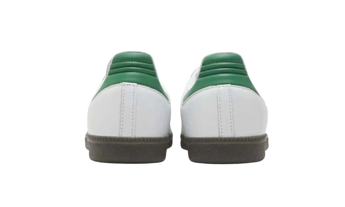 Adidas Samba OG white green unisex sneakers with green stripes and dark gum sole, heel view