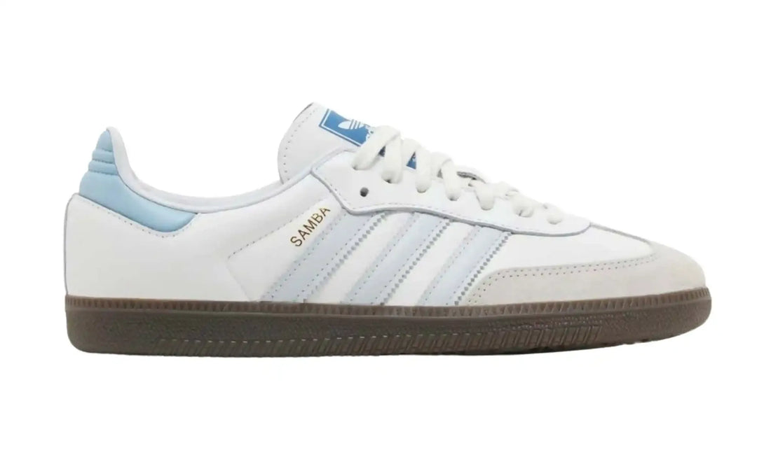 Adidas Samba OG white light blue unisex sneakers with pale blue stripes and dark gum sole, outer side view