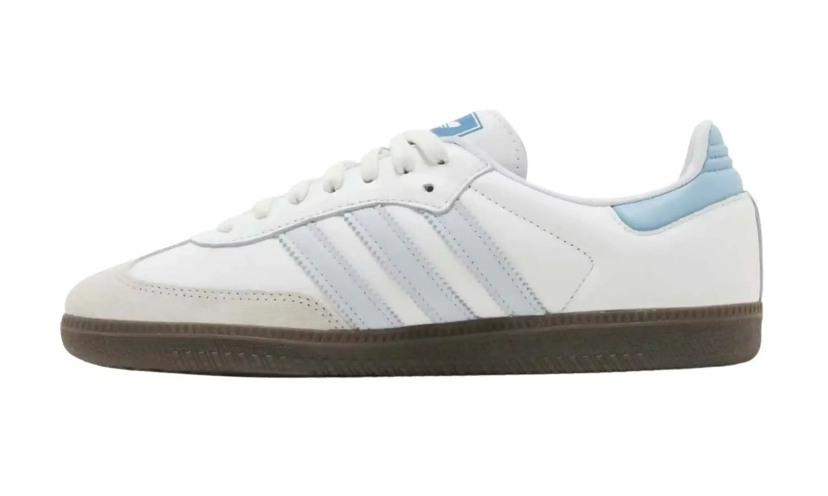 Adidas Samba OG white light blue unisex sneakers with pale blue stripes and dark gum sole, inner side view
