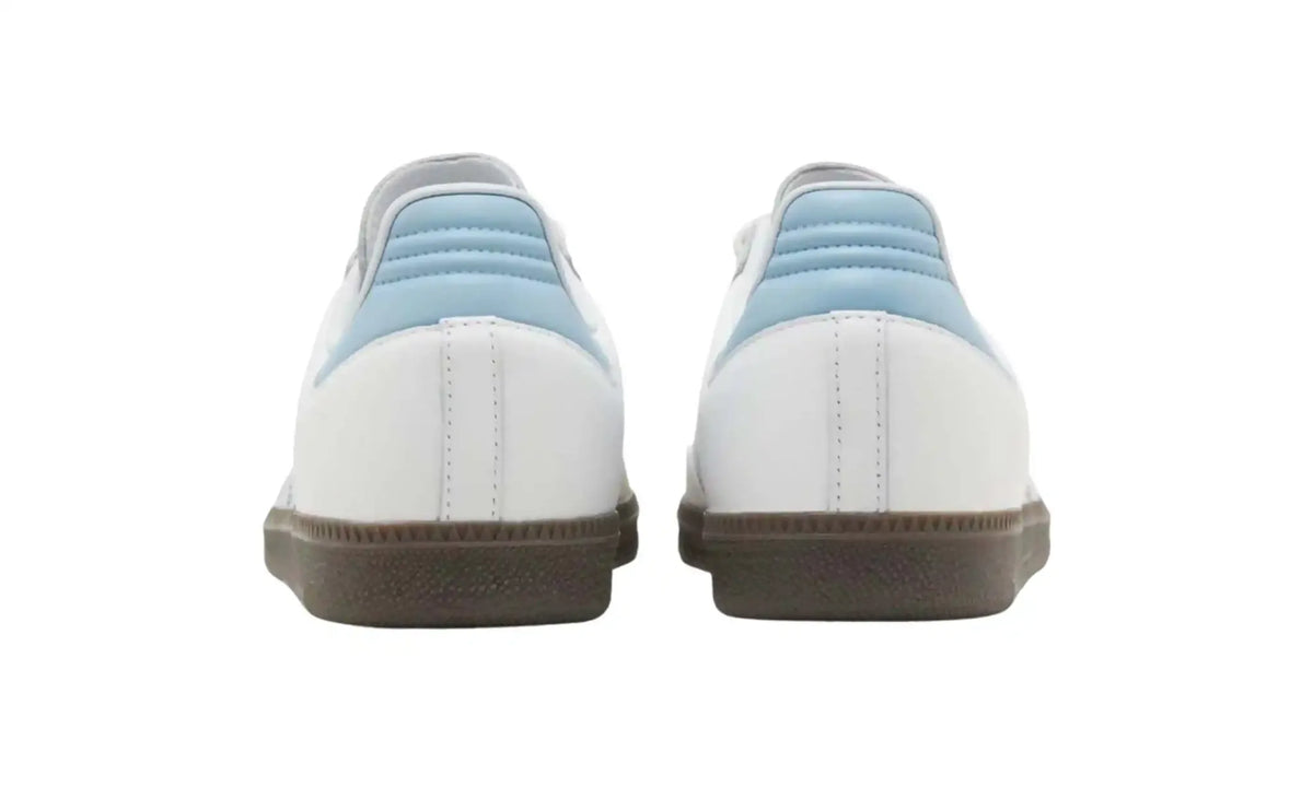 Adidas Samba OG white light blue unisex sneakers with pale blue stripes and dark gum sole, heel view