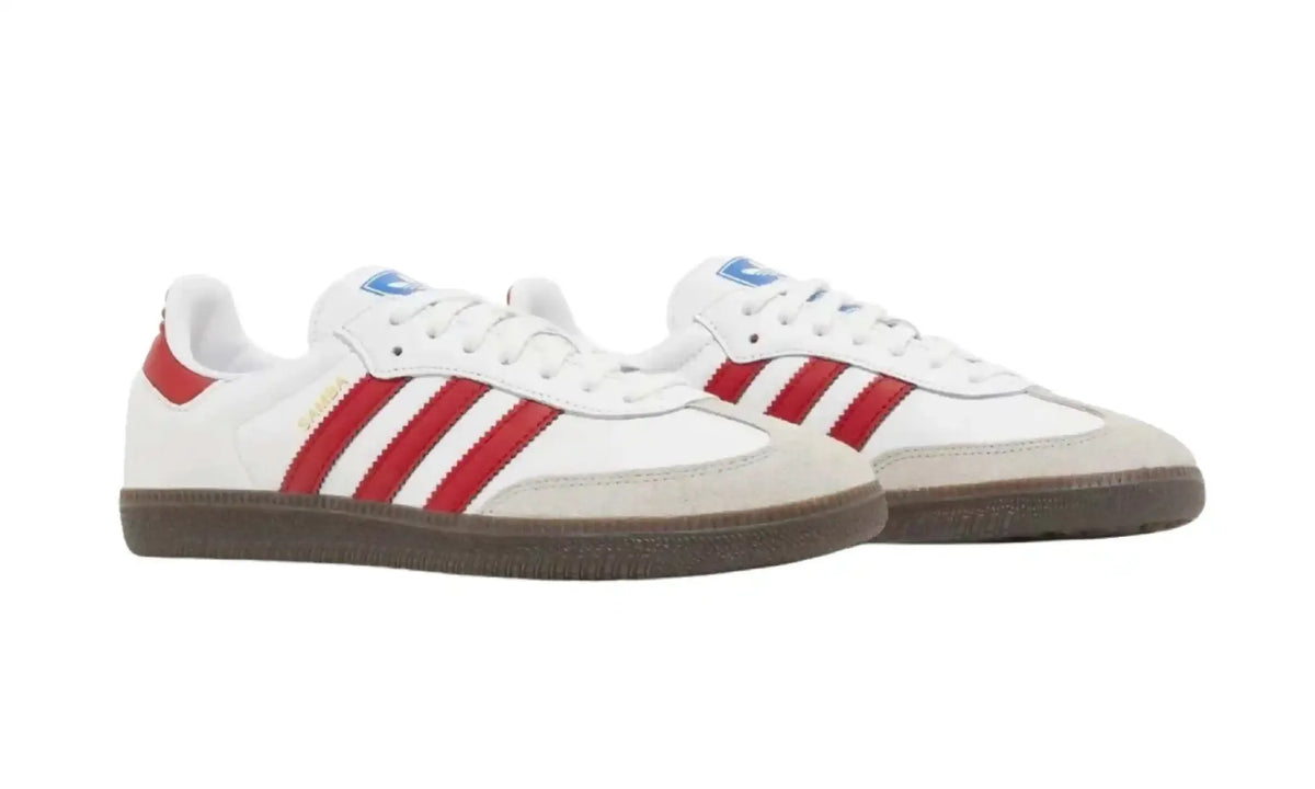Adidas Samba OG Cloud White Red Gum unisex sneakers, front angled pair view