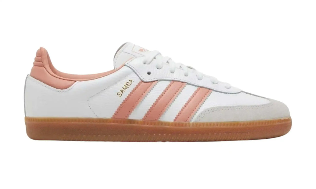 Adidas Samba OG Cloud White Wonder Clay Gum unisex sneakers, outer side view with peach clay stripes