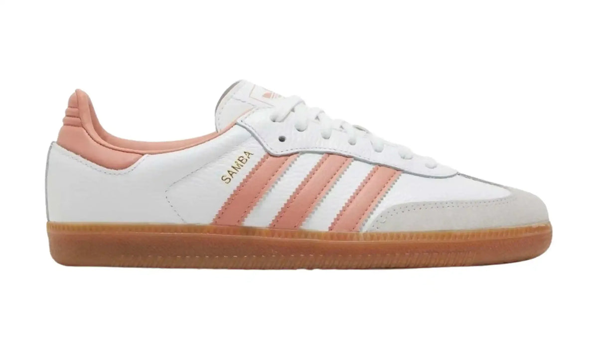Adidas Samba OG Cloud White Wonder Clay Gum unisex sneakers, outer side view with peach clay stripes