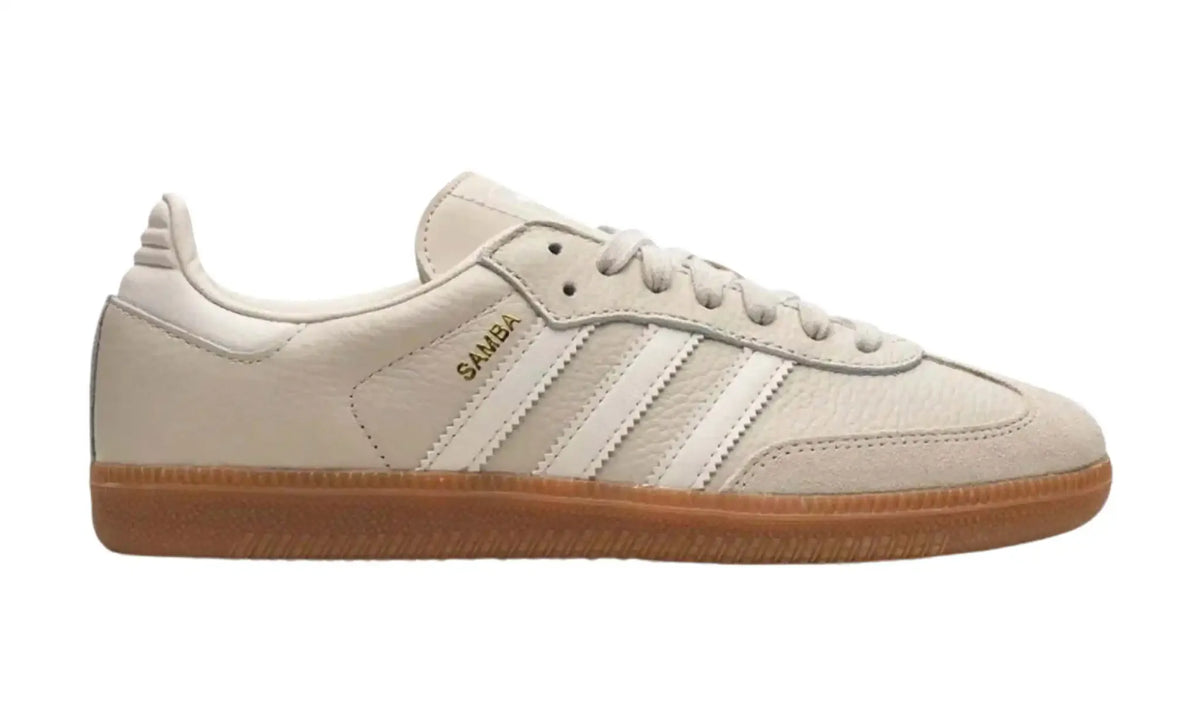 Adidas Samba OG cream beige unisex sneakers with off-white stripes and gum sole, side view
